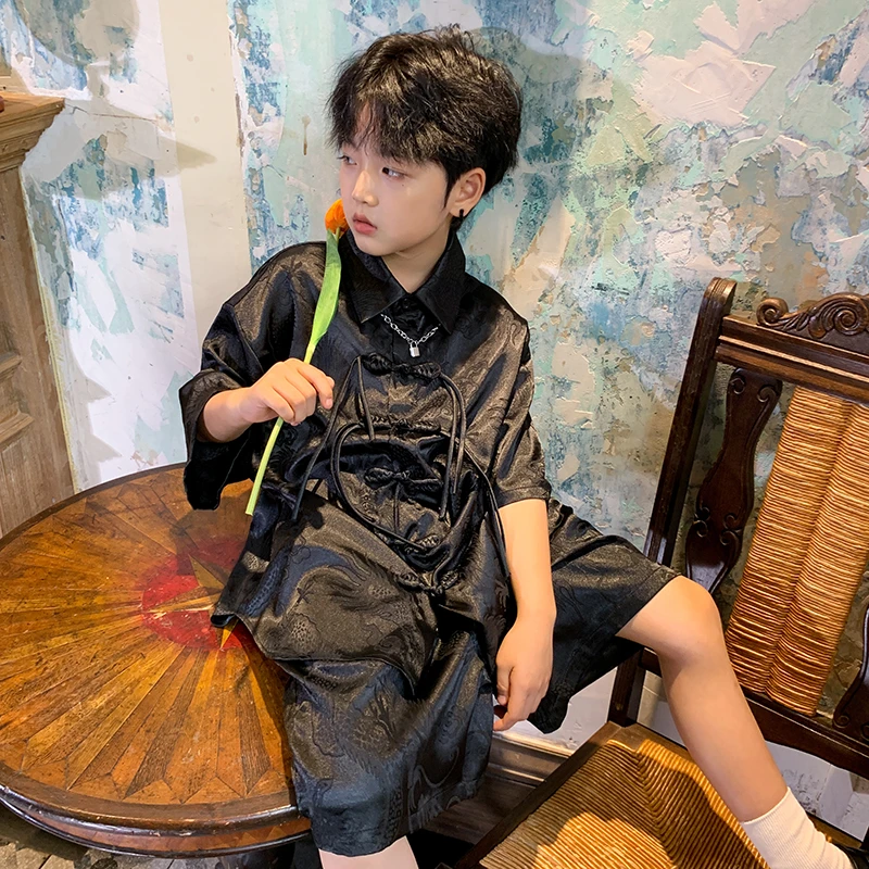 高甜梨涡男童中式套装女童夏装五分裤儿童夏季中国风衬衫240403LY