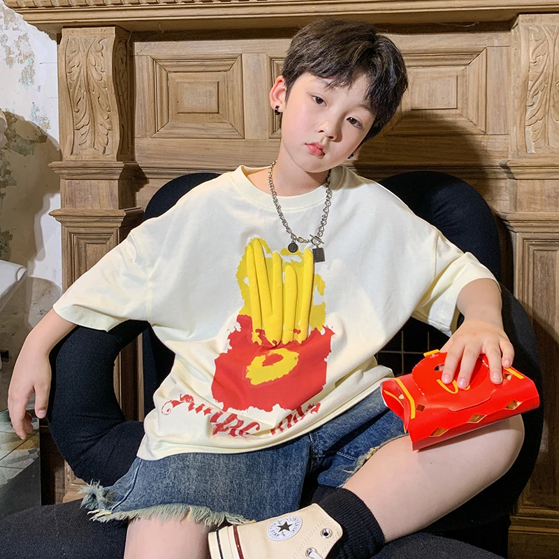 中大童韩版半袖男童t恤短袖女童夏季儿童米色洋气上衣潮230503YM