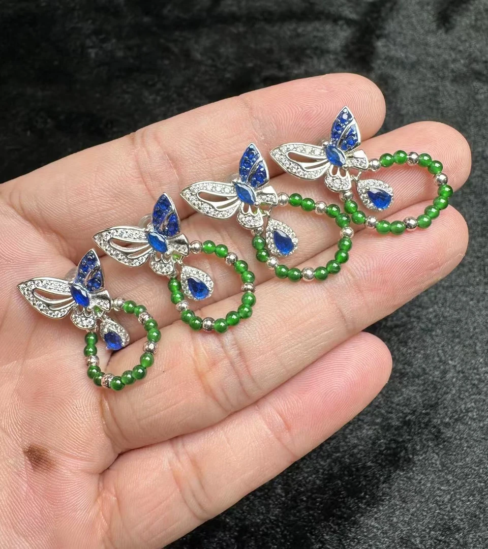 翡昱-N6-8690-天然A货翡翠耳饰S925银镶-多样性发其一对-C