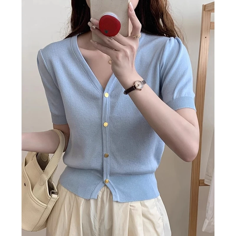 2025法式蓝色V领短袖针织开衫女夏季薄款宽松显瘦打底针织衫上衣