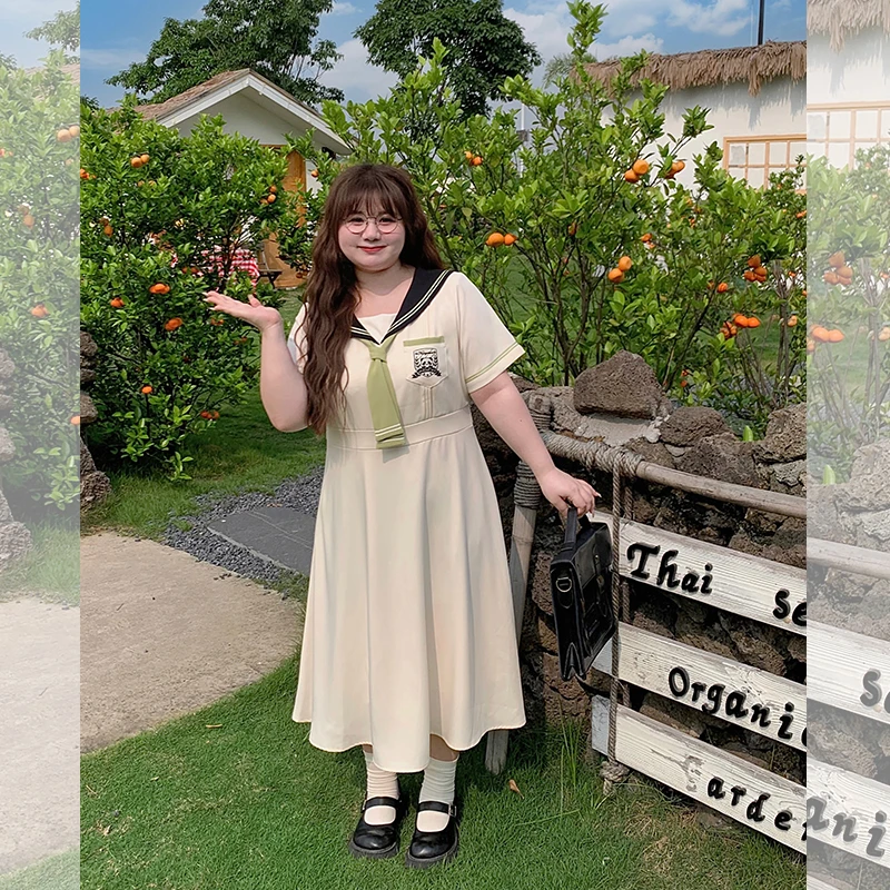 【粉丝回馈】 熊猫刺绣撞色织带显瘦海军领连衣裙