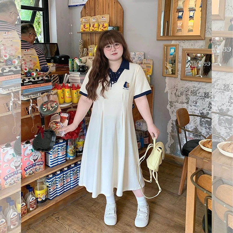 LT STUDIO辣条大码女装 尤莱特小熊刺绣显瘦学院风撞色polo连衣裙