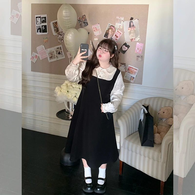 【 LT STUDIO辣条大码】赫本千金 蝴蝶结印花假两件收腰连衣裙