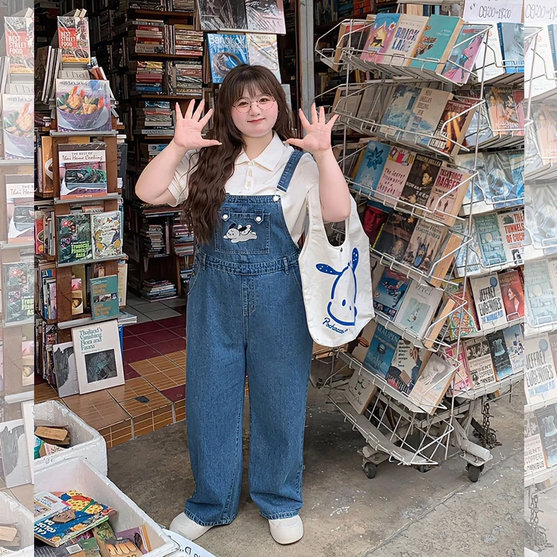 LT STUDIO辣条大码女装  刺绣小狗牛仔背带裤遮肉polo衫套装