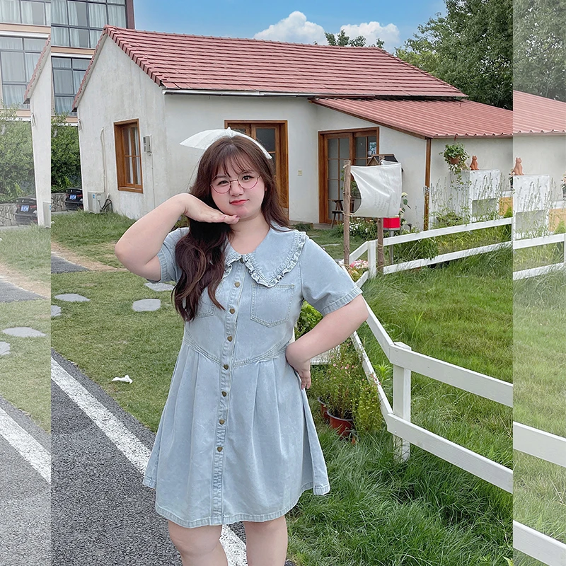 LT STUDIO辣条大码 减龄娃娃领水洗胖mm牛仔连衣裙女夏季遮肚显瘦