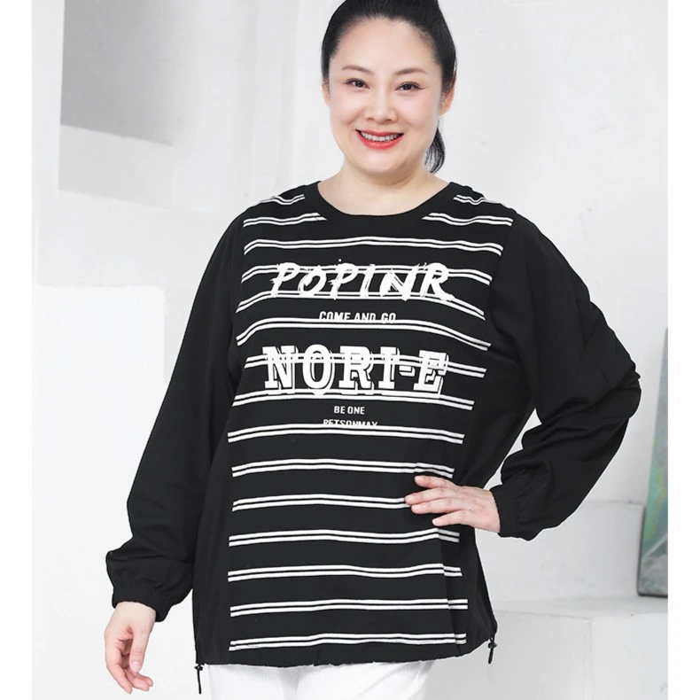 胖太太休闲通勤条纹长袖圆领套头宽松卫衣822386211