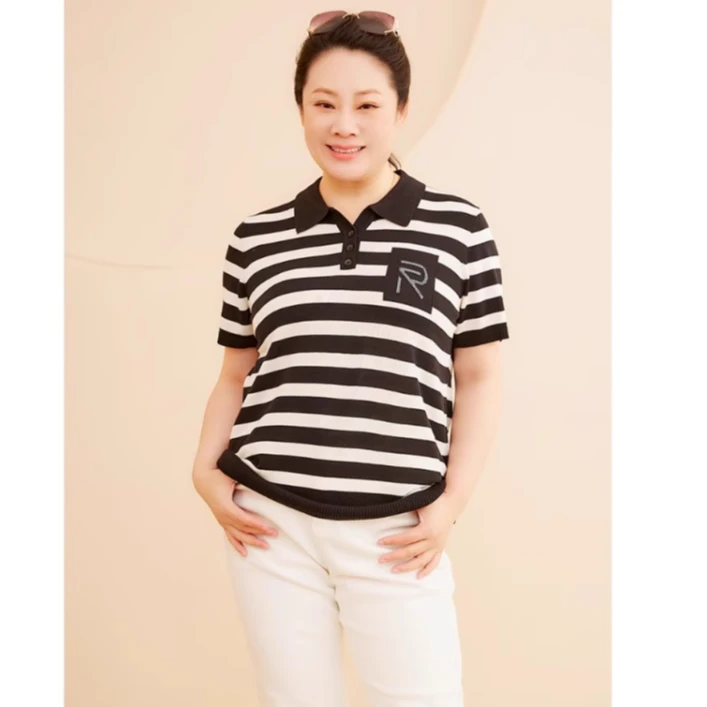 胖太太大码女装春夏新款时尚黑白条纹翻领休闲薄针织衫624201410