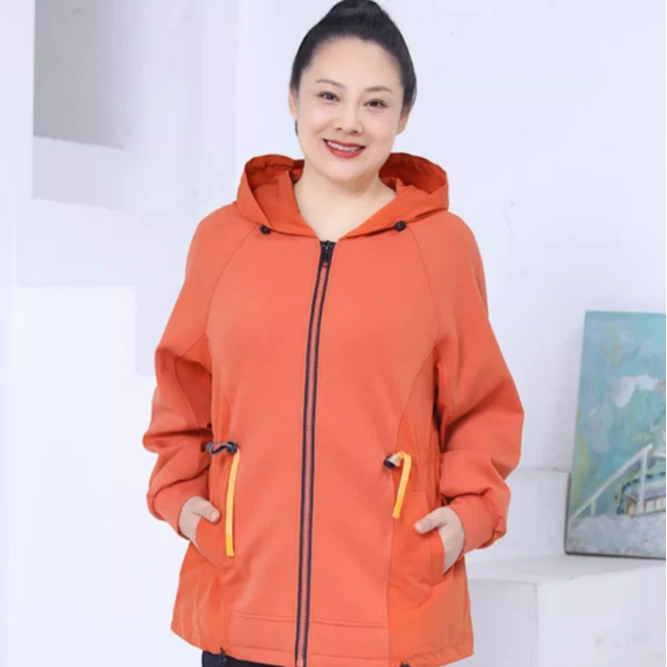 胖太太大码女装春秋新品连帽遮肉外套显瘦橘色妈妈风衣322301911