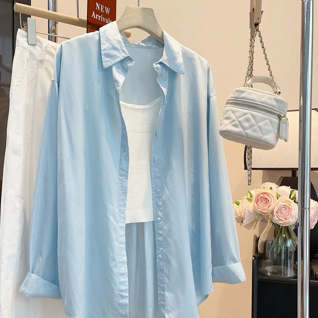 春夏洗水棉新款长袖衬衫女韩版时尚宽松休闲百搭上衣彩色衬衣