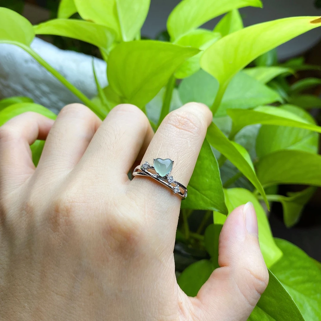 天然A货翡翠S925银镶嵌个性爱心蛋面双层戒指—多样性发货时尚