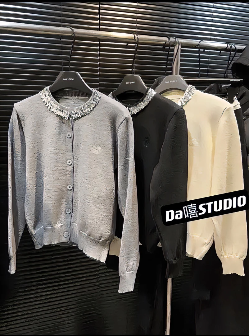 【领子亮片毛衣开衫】网红圆领毛衣针织衫百搭洋气花朵刺绣针织开衫