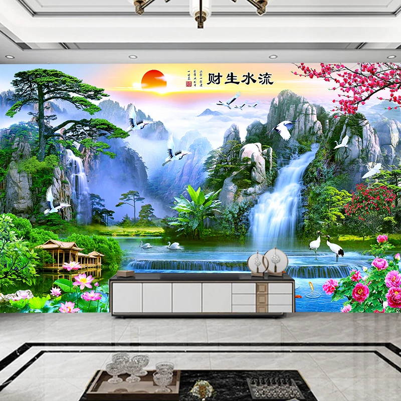 客厅沙发电视墙背景装饰贴画墙布山水画风景画大型壁画墙贴自带胶