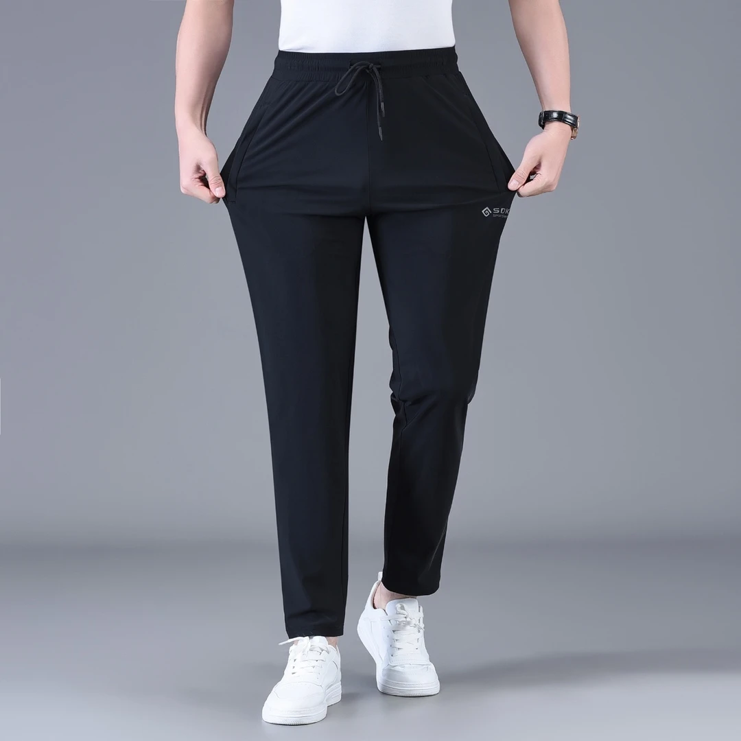 夏季男士黑色休闲运动裤薄款直筒弹力时尚速干裤透气