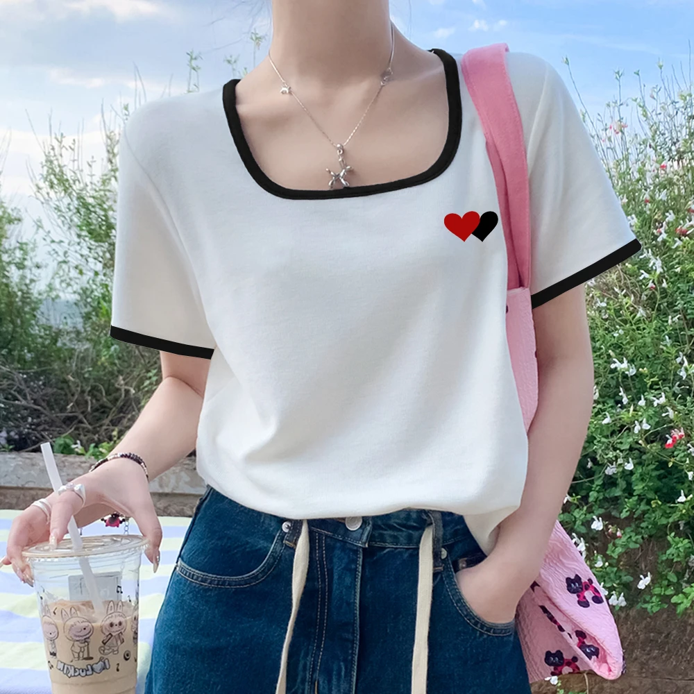 方领正肩短袖t恤女夏季2025新款时尚复古宽松内搭显瘦棉质上衣服