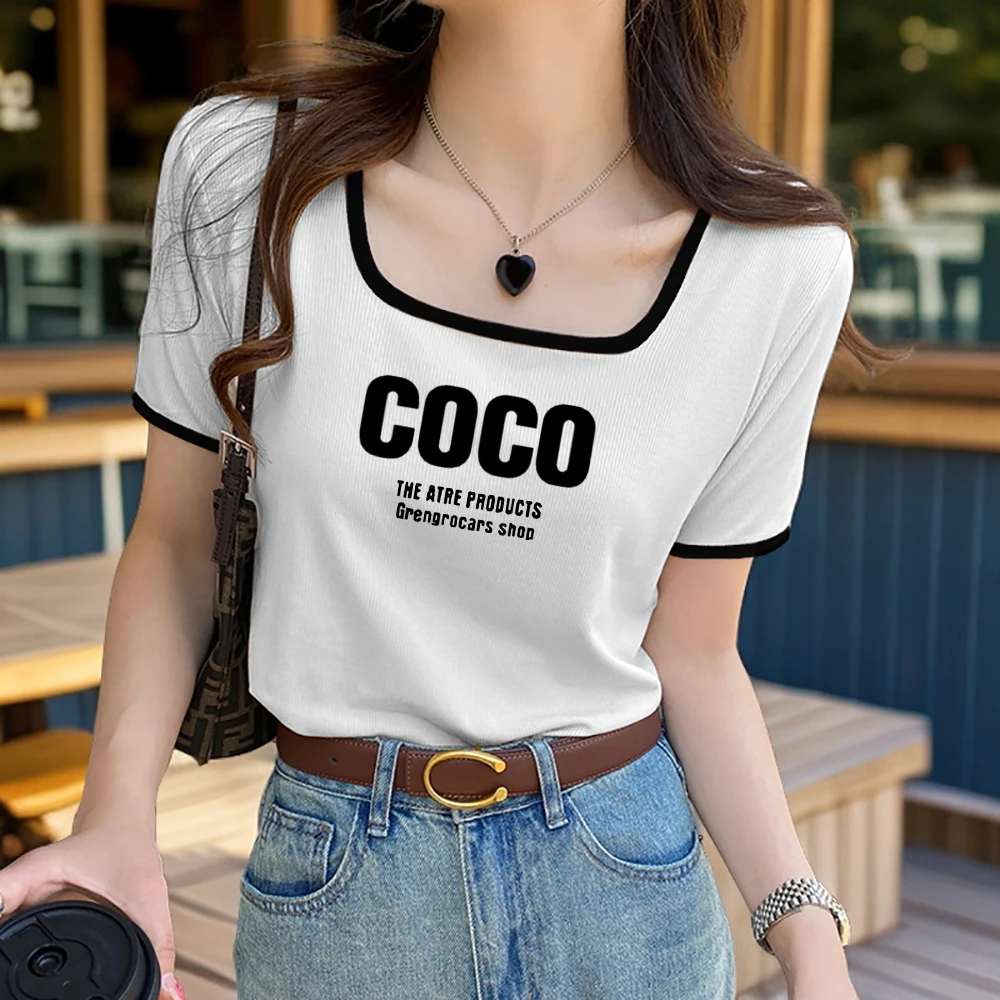 白色正肩t恤女夏季短袖95棉设计感小众体恤方领显瘦撞色百搭上衣