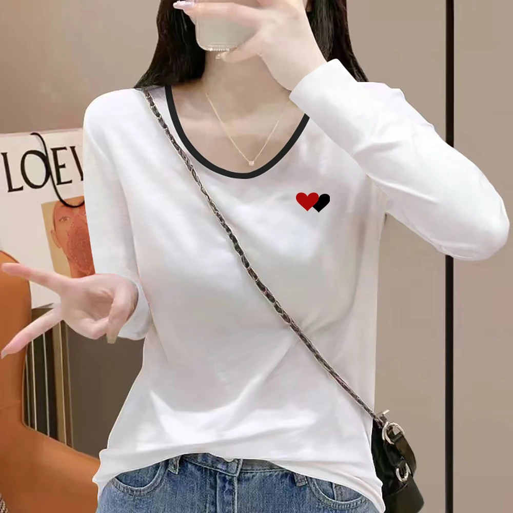 2025秋季新款简约百搭打底衫撞色色领长袖T恤女白色95棉V领上衣潮