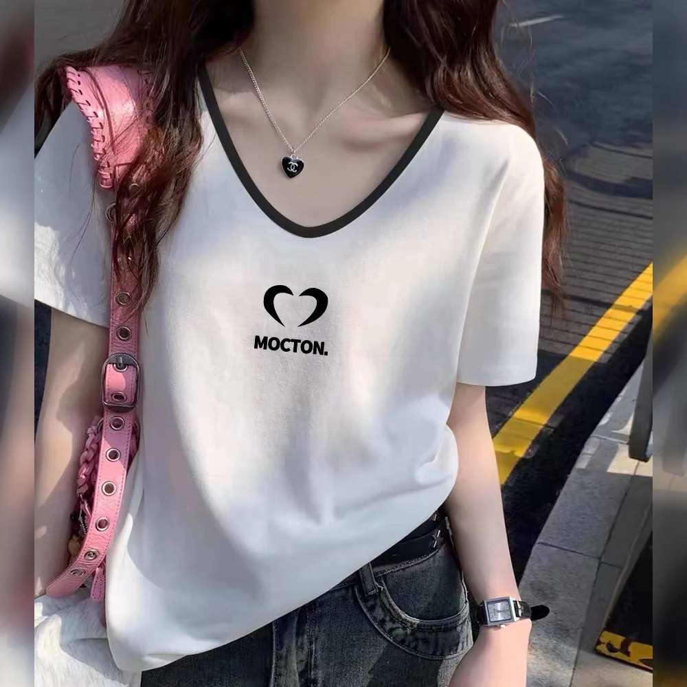 纯棉短袖t恤女2025夏季新款撞色拼接设计感韩版时尚V领体恤上衣