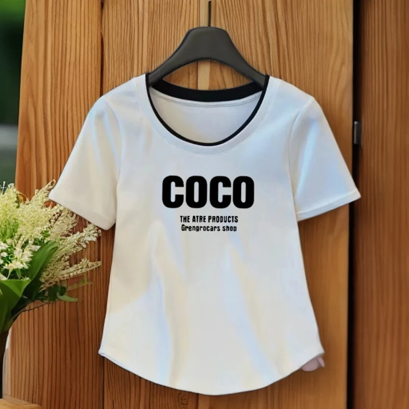 95棉短袖t恤白色夏季宽松大码女装胖mm韩版百搭学生复古撞色上衣
