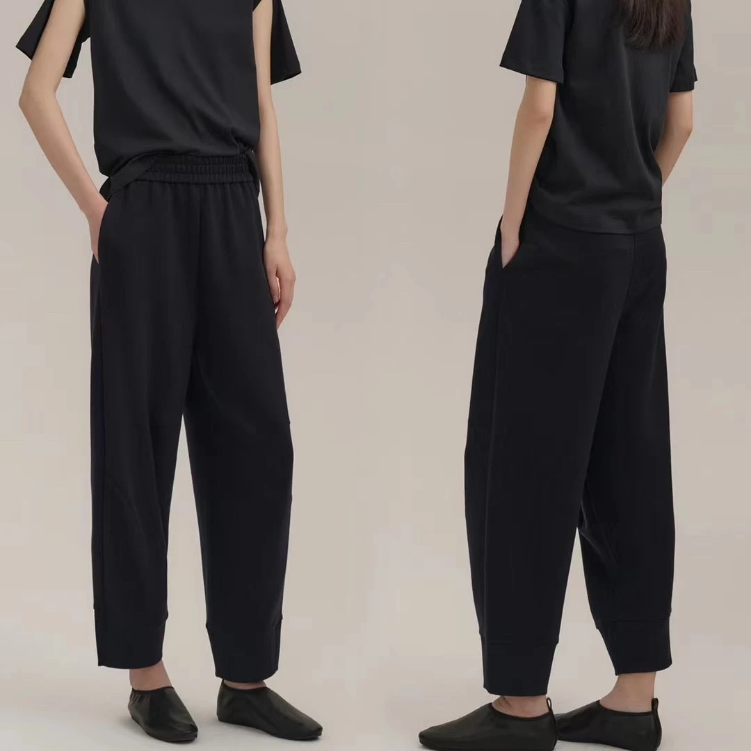 FAN进口松紧腰立体剪裁混纺九分休闲裤女士黑色透气宽松舒适