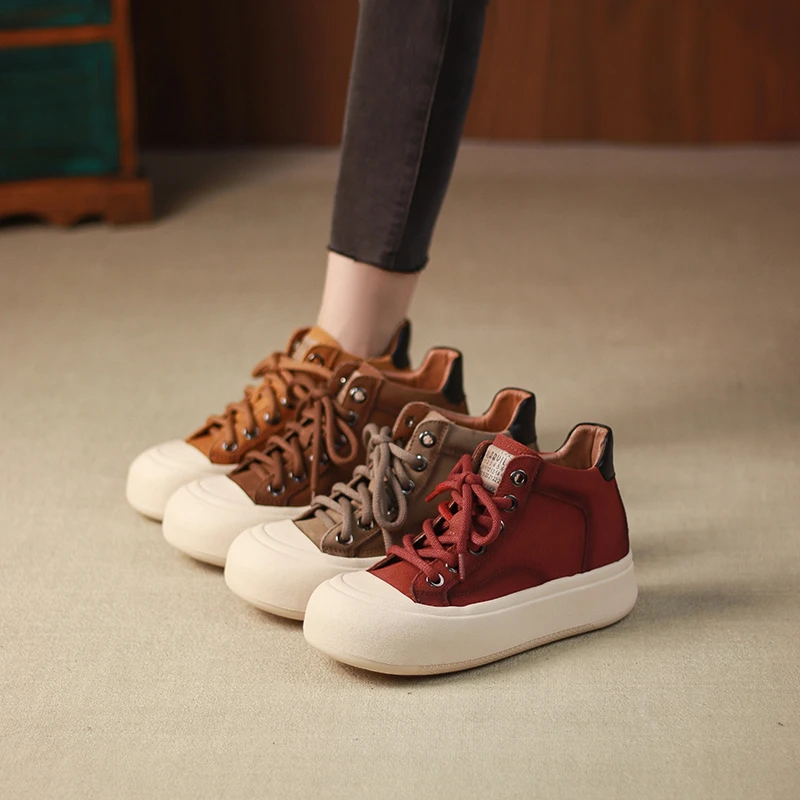 听纯8131软底软面真皮短靴休闲百搭透气新款高帮鞋女复古平底女鞋