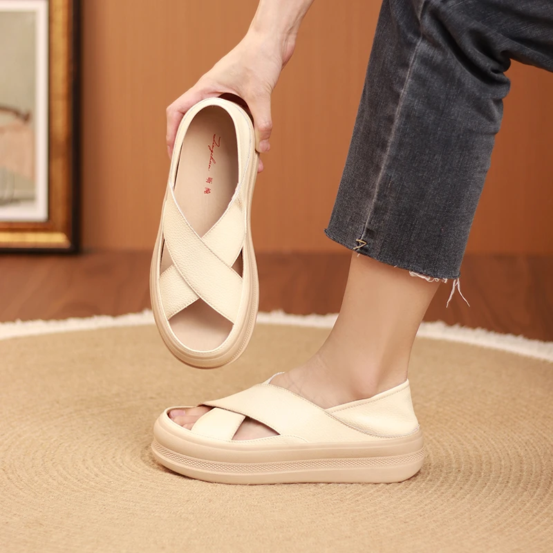 听纯015-16夏百搭休闲透气凉鞋复古平底单鞋软底软面女鞋舒适真皮