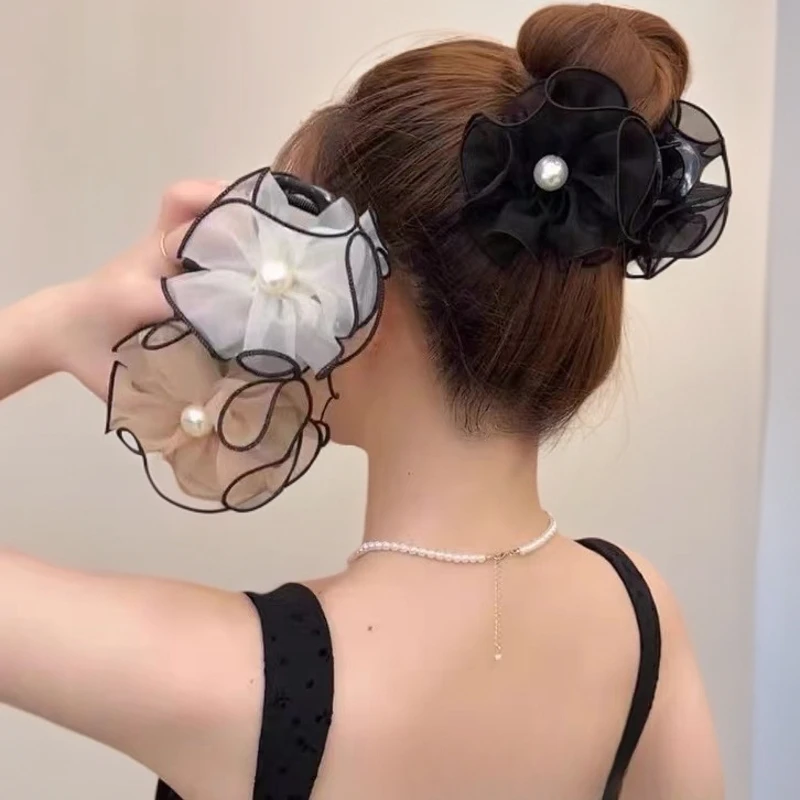 超仙花苞珠珠后脑勺盘发鲨鱼夹抓夹女发卡气质高马尾花朵仙女发夹