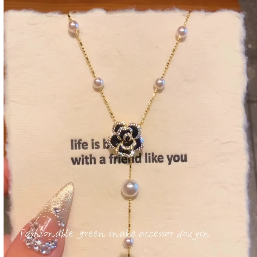 铜合金合成锆石项链 手工小香风气质轻奢时尚百搭黑色法式Y01