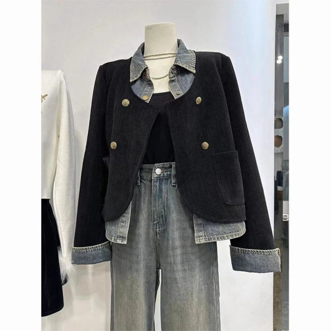 2024春秋新款韩系牛仔拼接灯芯绒两件外套女高级洋气设计外穿上衣