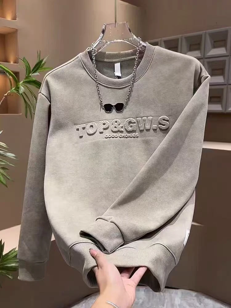 【钢印TOP,S卫衣】奥利绒卫衣时尚休闲百搭宽松潮流圆领加绒 0259-C