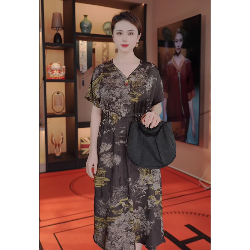 【楼台】中国风宽松连衣裙夏季花萝显瘦印花收腰短袖V领长款女