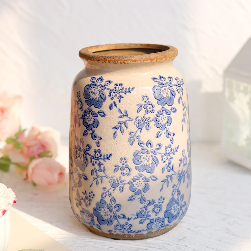 法式复古做旧冰裂纹陶瓷花瓶水培花器家居装饰客厅摆件