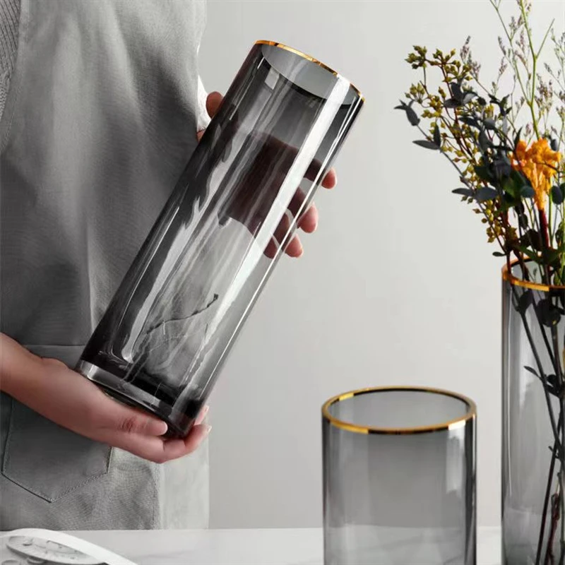 美式鲜花盆轻奢描金玻璃花瓶干花客厅描金花器摆件装饰创意简约花