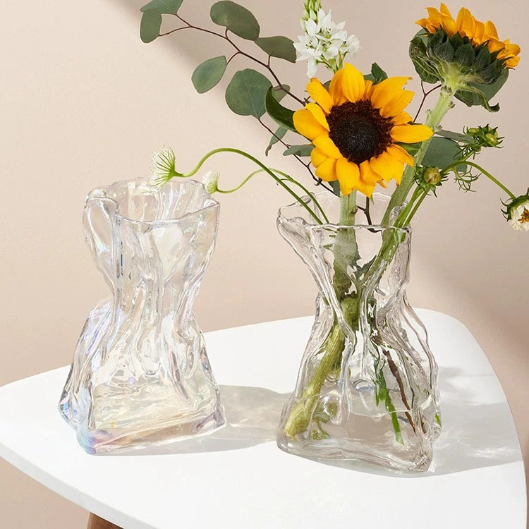 褶皱设计钱袋玻立体璃花瓶欧式磨砂花瓶鲜花花瓶水培桌面客厅摆件
