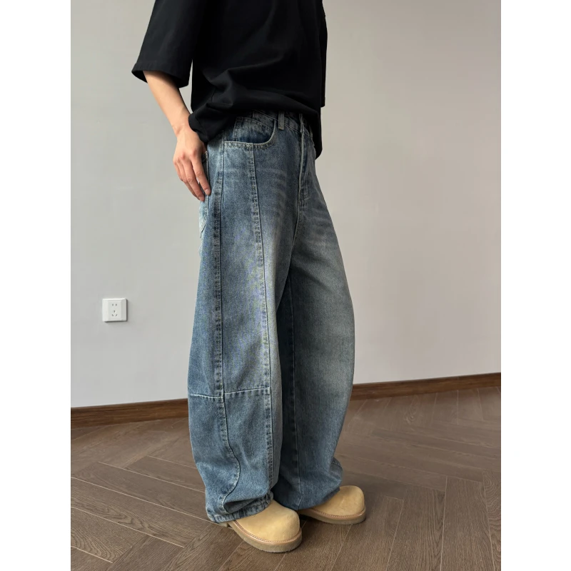 美式水洗阔腿裤弯刀牛仔裤男女同款潮牌宽松休闲裤hiphop直筒裤