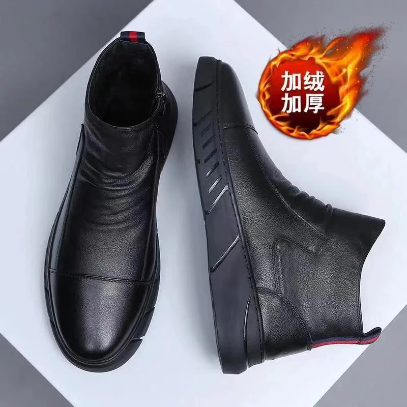 男冬季真皮新款男士靴子韩版高帮加绒加厚马丁靴百搭增高休闲皮鞋