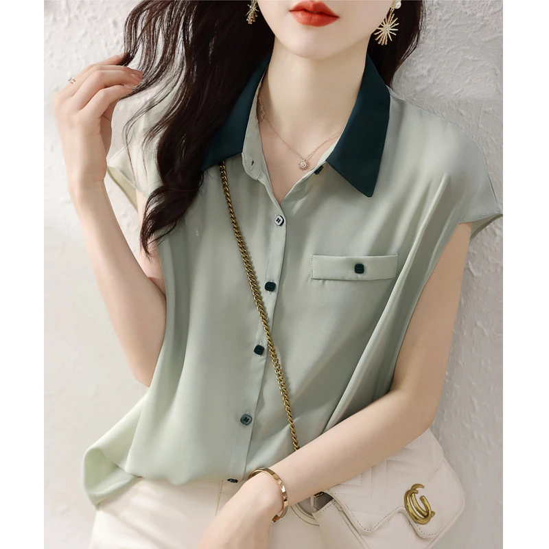 撞色Polo领雪纺衬衫短袖女夏季韩版宽松休闲显瘦小众洋气衬衣小衫