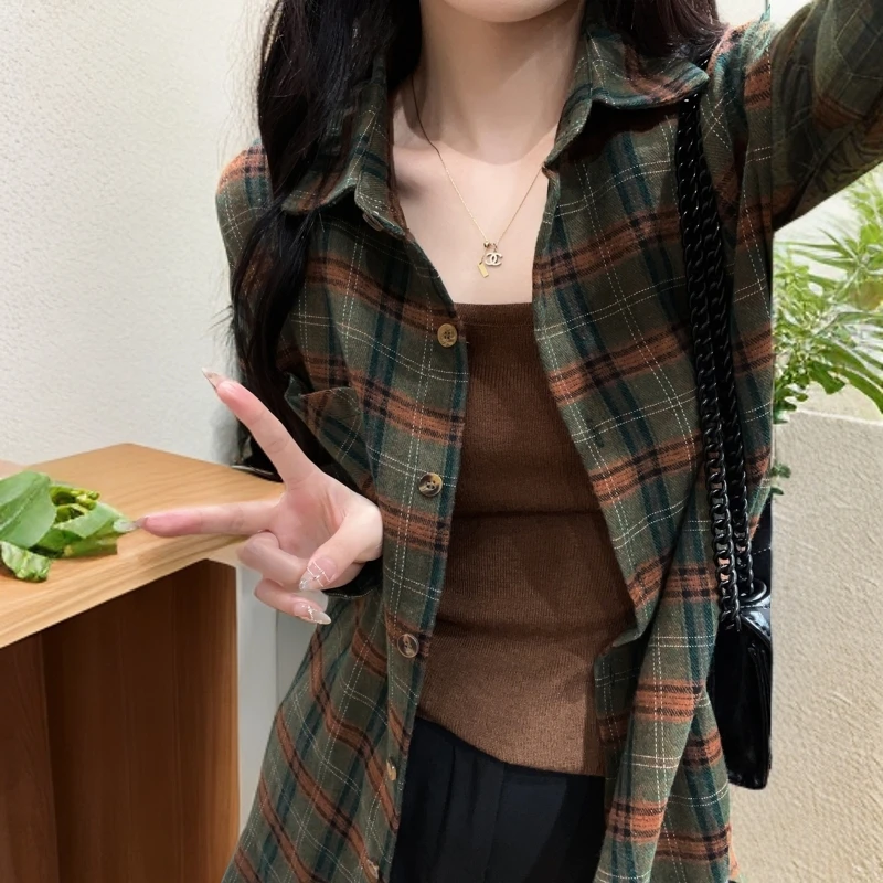 格子衬衫女秋冬港味复古设计感长袖上衣百搭磨毛叠穿打底衬衣外套