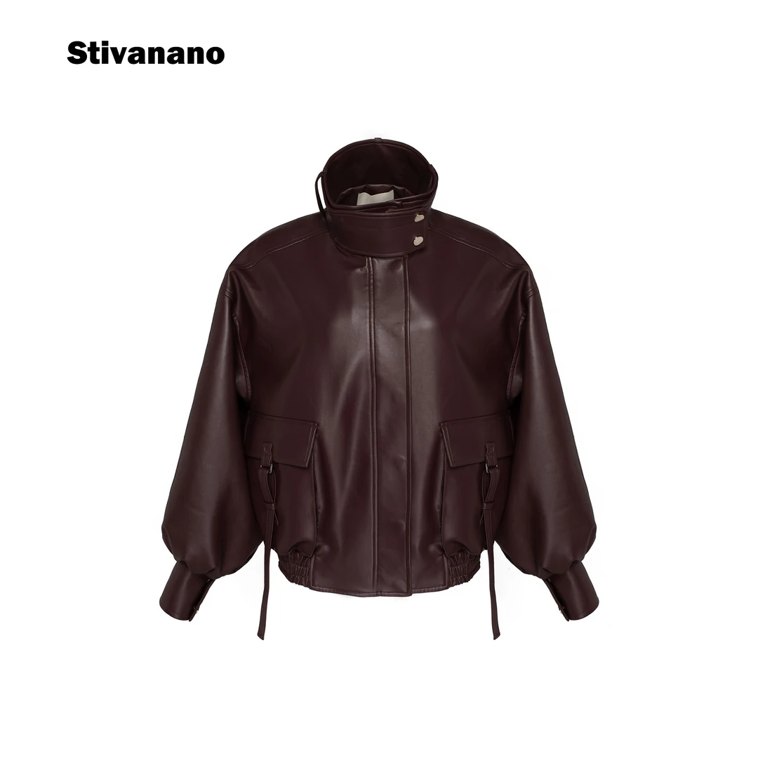 Stivanano高领廓形泡泡袖皮夹克