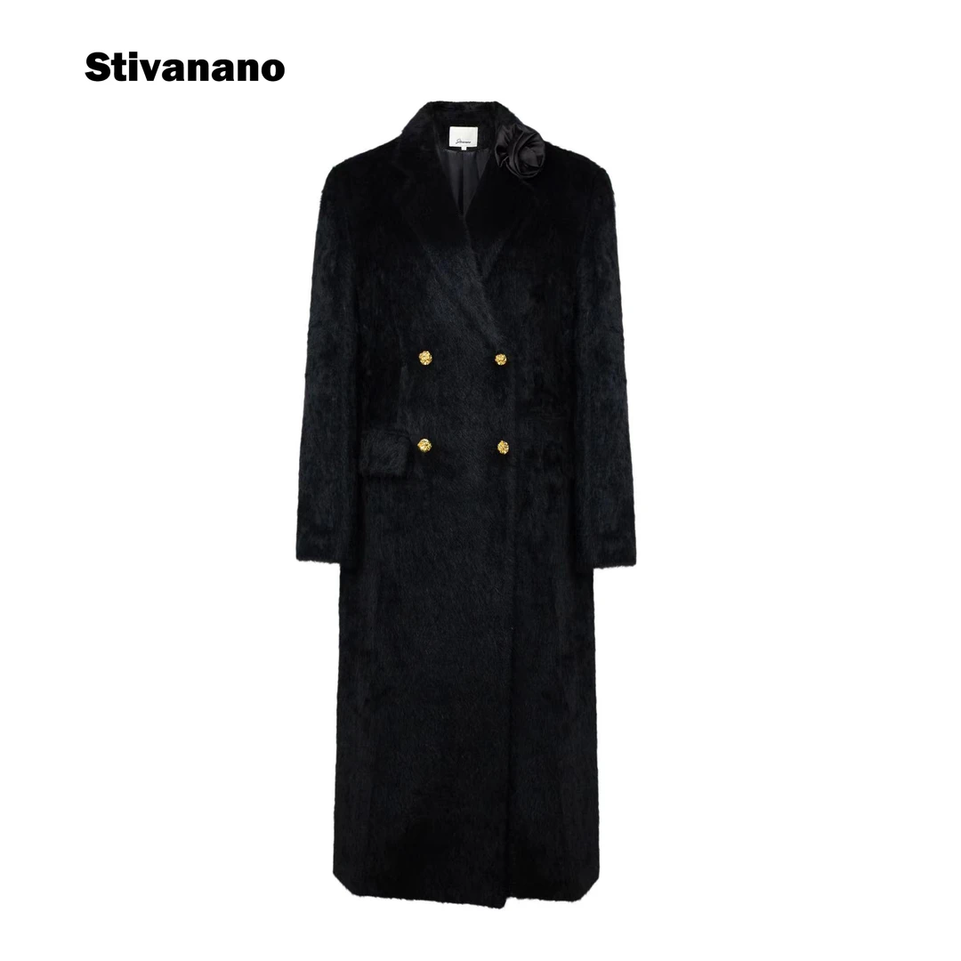 Stivanano醋酸花朵侧扣黑色兔毛西装大衣