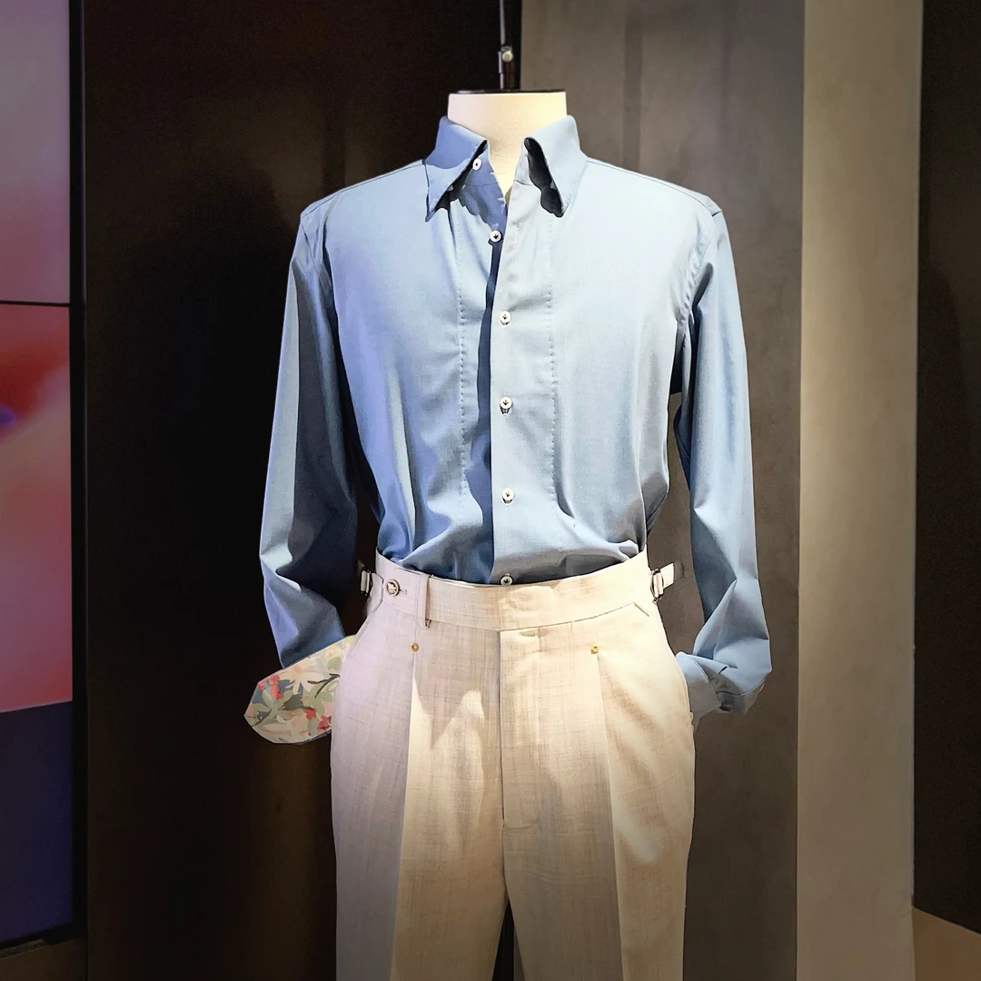 天水碧纯色一片领男士修身衬衫