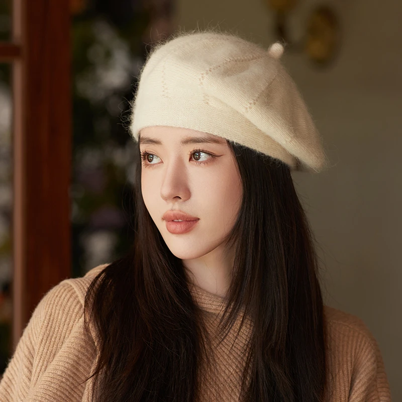 韩版时尚针织贝雷帽秋冬女保暖护耳气质兔毛帽套头毛线帽子画家帽