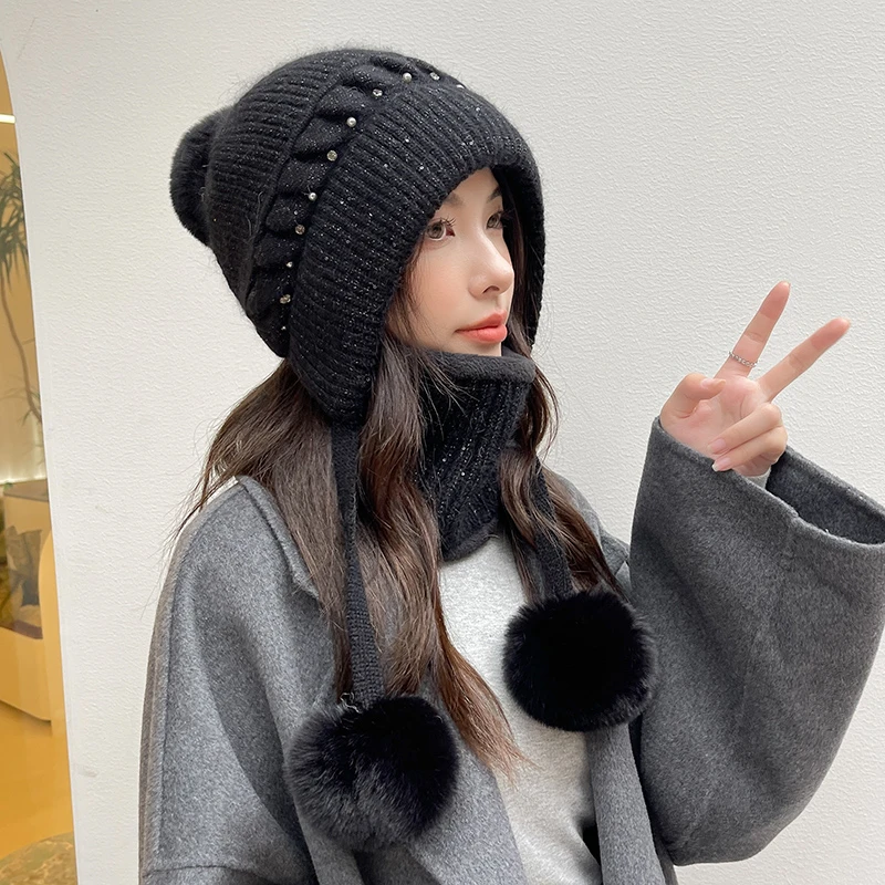 帽子围脖女士秋冬季韩版加厚加绒时尚针织帽护耳毛线帽冬天保暖帽