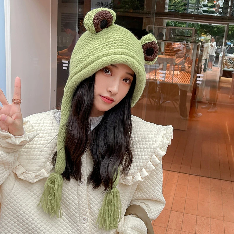 可爱立体耳朵秋冬针织毛线帽女学生显脸小保暖帽冬季加绒护耳帽子