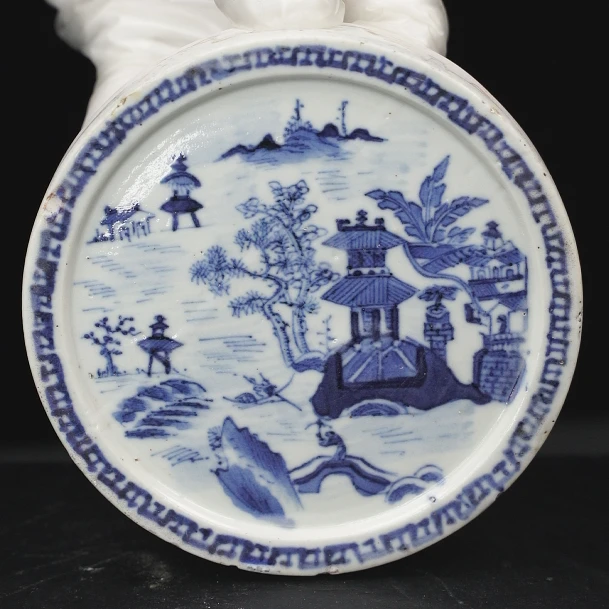 甲18816 清康熙青花山水山水楼阁砚台 盖沿有修补 底座口沿小磕