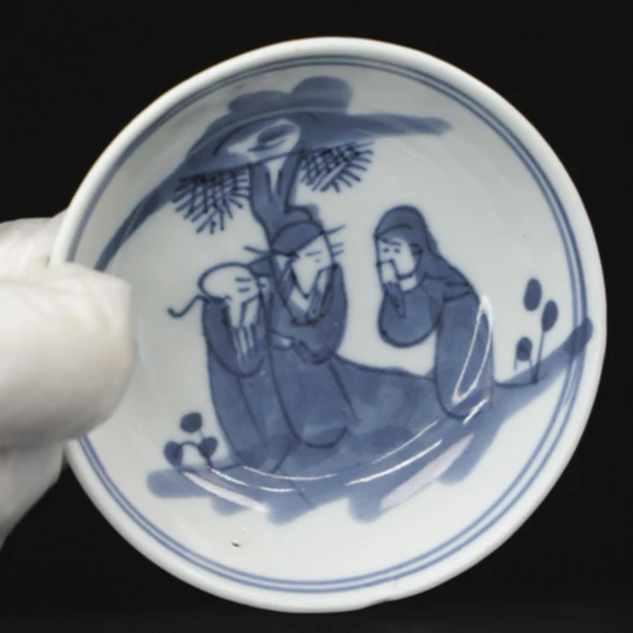 甲48549 清光绪青花人物笔洗 底足有1cm惊釉线 古瓷器真品