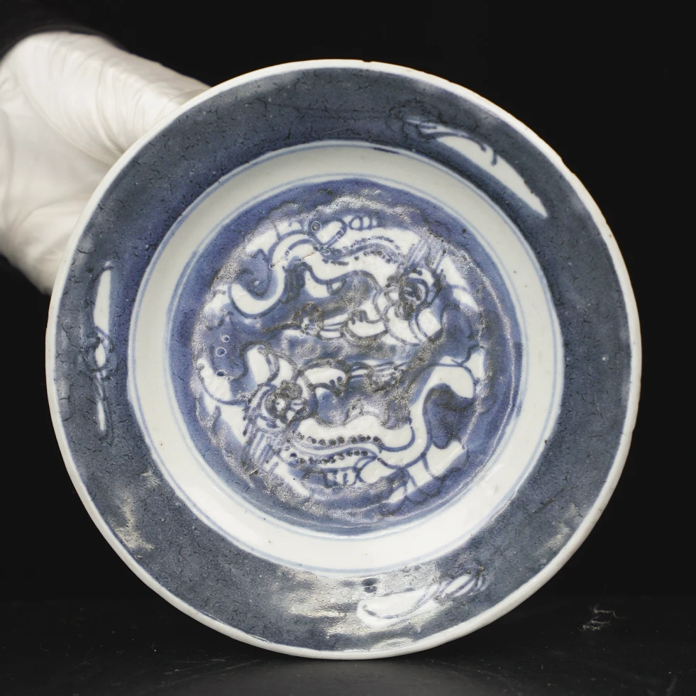 甲48196 清康熙青花双狮纹盘 口沿有芝麻飞皮 鉴定古代