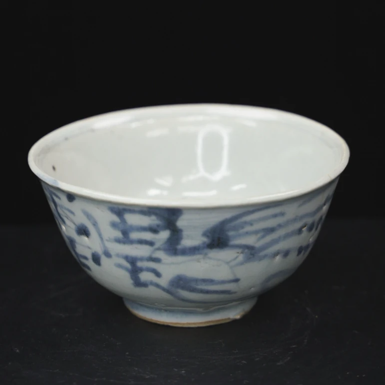 甲48443 明末清初青花花卉碗 口沿有冲线 古瓷器 真品瓷器
