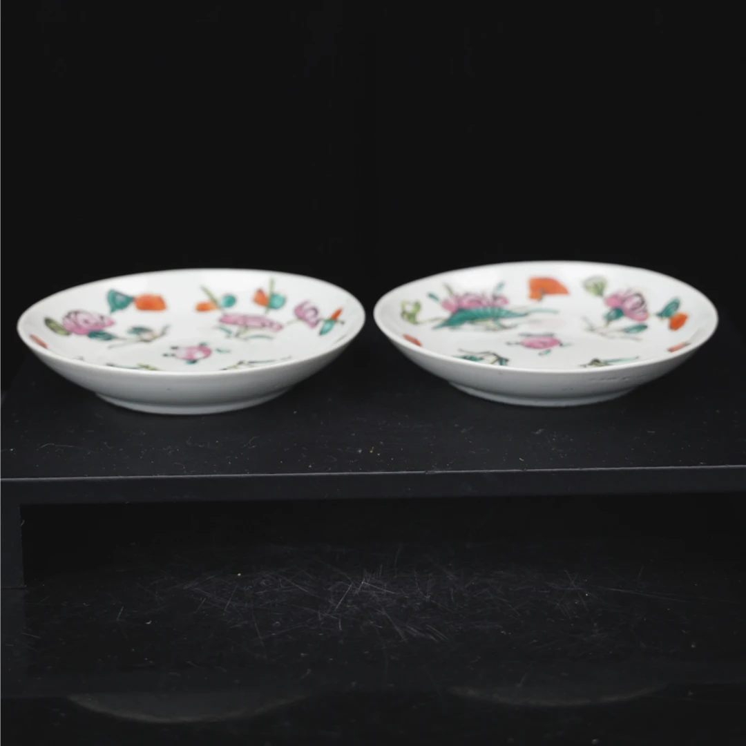 甲48271 48272民国釉上彩花卉盘一对 底足有小飞皮 真品瓷器
