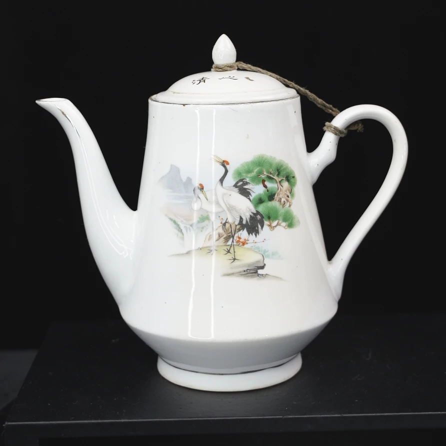 甲18943 民国釉上彩松鹤茶壶 盖沿有芝麻飞皮 古瓷器真品