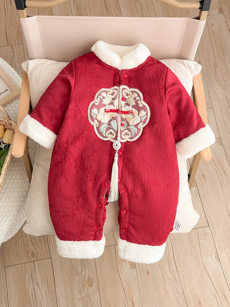 婴儿秋冬衣服女宝宝加绒连体哈衣中国风满月百日宴周岁薄棉外出服